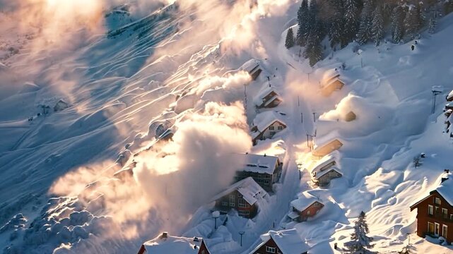 A massive avalanche crashes down the mountainside, engulfing a small village in snow as the first light of dawn breaks