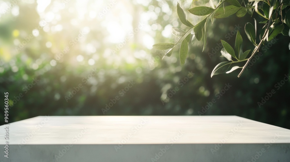 Poster Minimal White Concrete Table with Nature Bokeh Background in Serene Outdoor Garden Setting - Soft Diffused Sunlight, Peaceful Atmosphere, Wide Low-Angle View for Product Display Montage