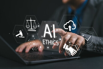 AI ethics or AI law concept. Businessman with ai ethics icon on virtual screen for compliance,...