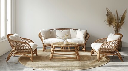 Wall interior mockup with rattan furniture