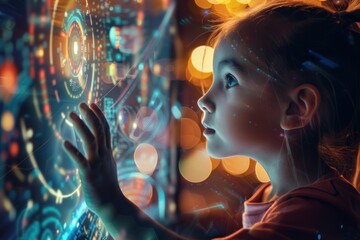 Little kids are learning about digital technology in the future world. Imagination.