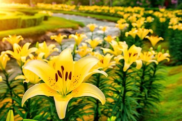 Obraz premium A field of yellow flowers with a stream running through it