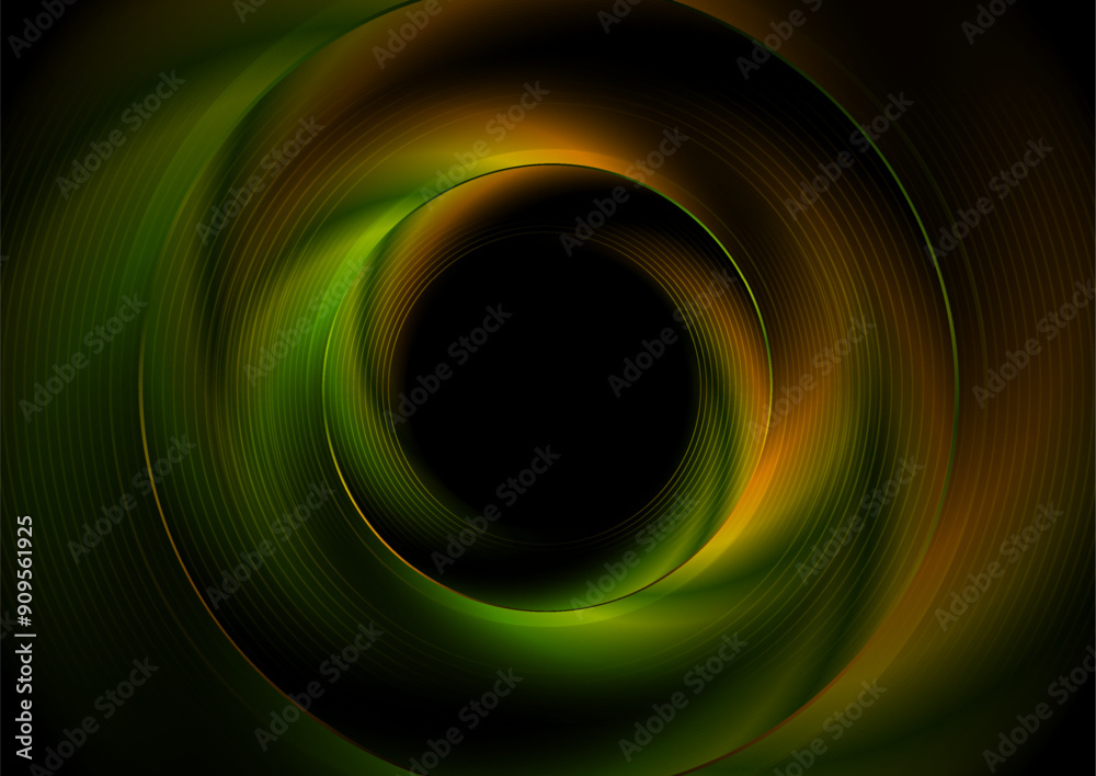 Wall mural Glowing green orange blurred 3d circle and radial lines abstract tech geometric background. Vector futuristic design