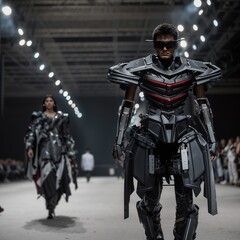Fototapeta premium Cyberpunk Fashion Show Featuring High-Tech Armor Suits