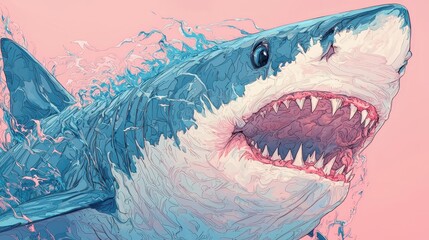 Naklejka premium Vibrant Digital Illustration of a Great White Shark with Dynamic Colors and Abstract Artistic Style