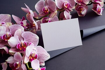 pink and white orchid flowers with blank paper card on dark gray background