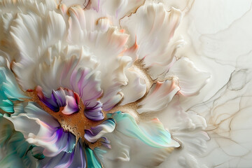 Abstract fluid flowing art by alcohol ink white tone with iridescent hues and gold with copy space text. For banner, background in concept luxury, dreamy, heaven.