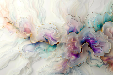 Abstract fluid flowing art by alcohol ink white tone with iridescent hues and gold with copy space text. For banner, background in concept luxury