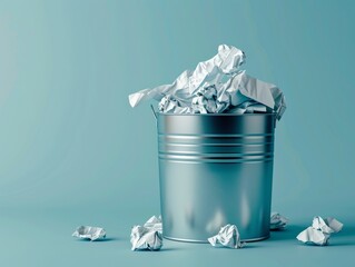 Metallic trash can with crumpled paper isolated on a blue background - ai