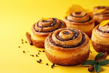 Fototapeta premium Cinnamon rolls and pastries on a soft yellow background space for text 