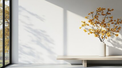 Spacious dining room with eye-catching centerpiece and soft shadows.