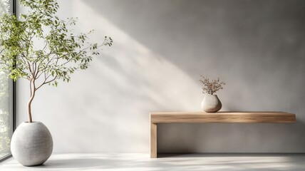 Contemporary entryway with concrete wall, sculpture, and intriguing shadows.