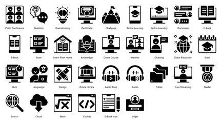 Online Learning Icon Collection in Glyph Style Suitable for Web and Apps Icon, Poster, or Social media