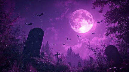 Fototapeta premium A graveyard with a large purple moon in the sky