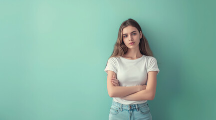 Young woman in white t-shirt and blue jeans