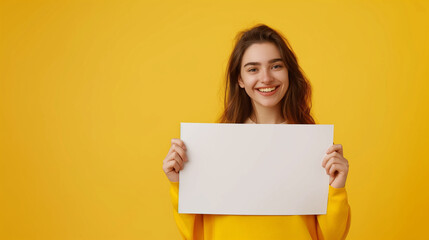 Young woman holding blank banner for advertising, information or promotion of product