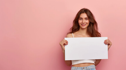 Young woman holding blank banner for advertising, information or promotion of product