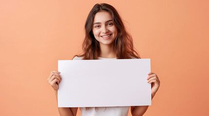 Young woman holding blank banner for advertising, information or promotion of product