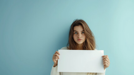 Young woman holding blank banner for advertising, information or promotion of product