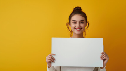 Young woman holding blank banner for advertising, information or promotion of product