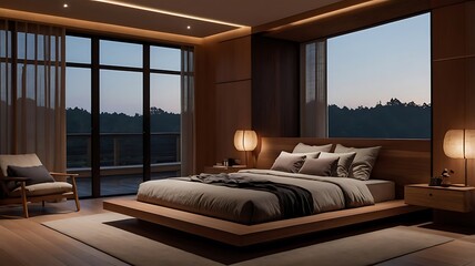 Luxury bedroom interior design with wooden bed and night view. 3D Rendering