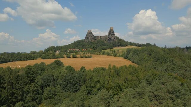 Trosky State Castle is a castle ruin in the municipality of Troskovice in the Liberec Region of the Czech Republic, build in the second half of the 14th century, aerial view.