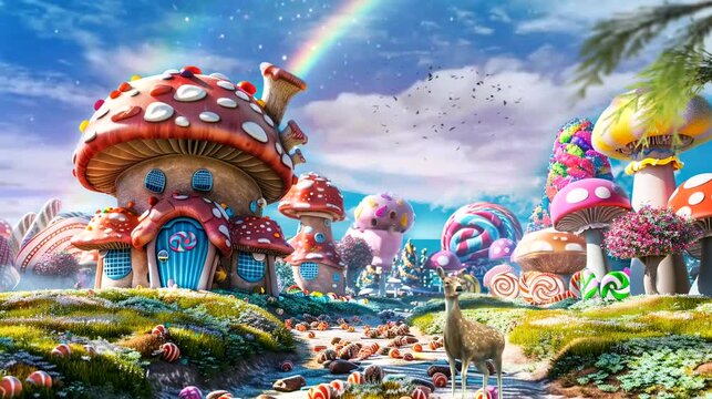 Fantasy landscape with colorful candy houses and a deer. Seamless loop video background