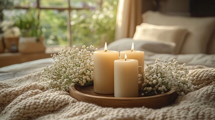 burning candle on beige background. Aesthetic composition