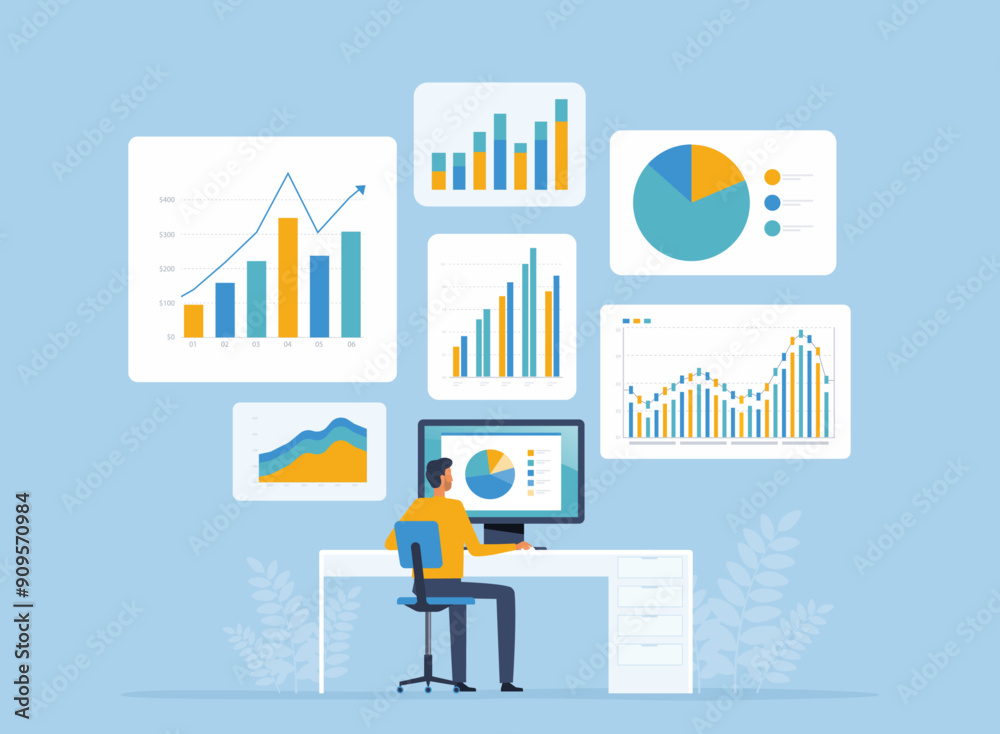 Aufkleber business data analyst and business finance investment concept with businessman work on computer and report dashboard. flat vector illustration design 