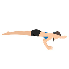 Woman doing Twisted One Legged Arm Balance Pose II, Flying Splits Pose, Hurdlers Pose or Eka Pada Koundinyasana II. Flat vector illustration isolated on white background