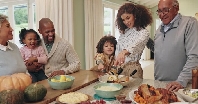 Big family, dinner and grandparents with excited kids and parents in home with thanksgiving and holiday food. Dining room, reunion and chat with meal, dish and brunch with happy grandmother at buffet