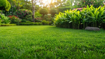 A lush green lawn with a garden border in full bloom