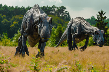 Fototapeta premium Dinosaurs from the Triassic period in a grassy landscape