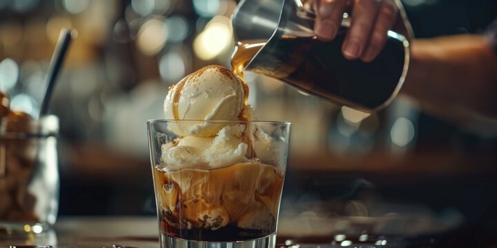 Creating a refreshing affogato beverage by pouring espresso over vanilla ice cream in a cup