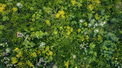 Fototapeta premium An overhead shot of a patchwork of grass and wildflowers