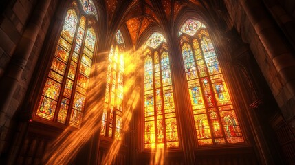 Obraz premium Sunbeams, filtering through stained glass windows, illuminate the cathedral with a warm, heavenly glow. This divine light fills the sanctuary, symbolizing God's love and grace.
