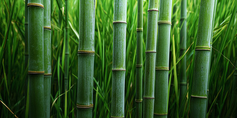Obraz premium A close up of the slender, green bamboo sticks in an endless field, generative AI