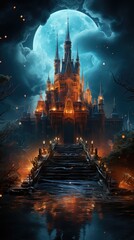 Obraz premium Abstract Halloween dark castle with full moon wallpaper High quality photo 