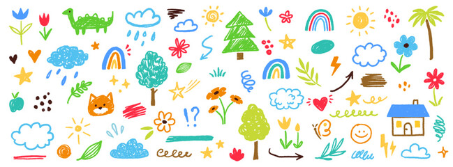 Cute kid flower, cloud, summer illustration. Hand drawn doodle sketch children cute vector school chalk background. Kids doodle crayon style line flower, cloud doodle pattern. Vector illustration © Polina Tomtosova