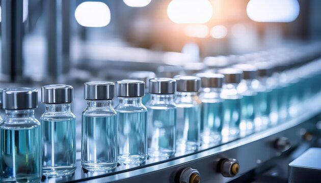 A row of vials move down a conveyor belt in a pharmaceutical factory