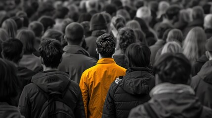 Vibrant individual in a black-and-white crowd.
