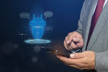 Businessman using smartphone ai chatbot infographic. Chatbot conversation Ai Artificial...