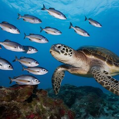 Fototapeta premium Create a fictional dialogue between a school of fish and a wise old sea turtle. What advice does the turtle offer about navigating the dangers of the ocean