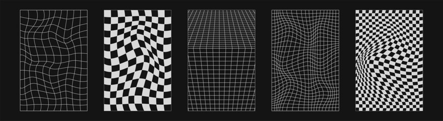 Abstract wireframes, cyberpunk elements and perspective white grids or spheres. Surreal geometric retro futuristic set. Psychedelic y2k shapes. Rave vector elements and signs in trendy psychedelic.