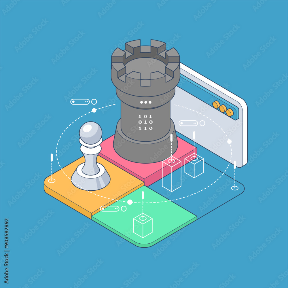 Poster Web page template Software development. Vector illustration with laptop and program code on screen. Concept of Information technologies and computer engineering. Isometric illustration.