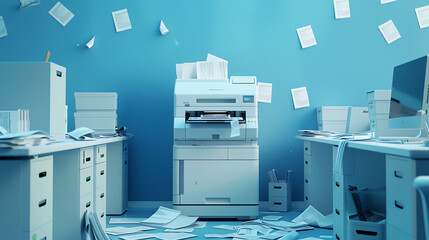 Cluttered Office Space With Paperwork Around a Multifunction Printer During Daylight Hours