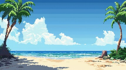 seascape background with blue sky in pixel style, Ai Generated Image