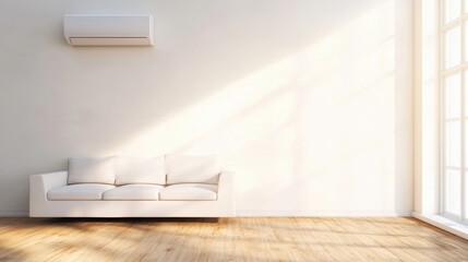 Fototapeta premium A stylish living room features an air conditioner, providing a comfortable atmosphere with abundant natural light