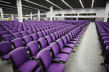 Naklejka premium Rows of purple seats at a modern airport terminal