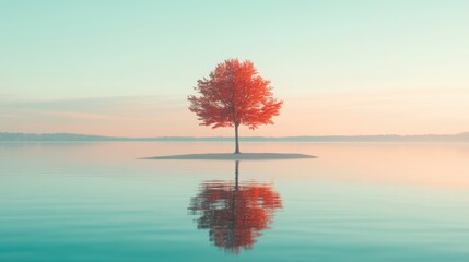 A solitary autumn tree stands tall, its bright red leaves mirrored perfectly in the calm lake